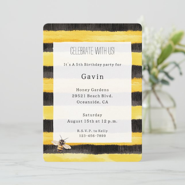 Invitation Yellow Gold Black Stripes Honey Bee Birthday (Debout devant)
