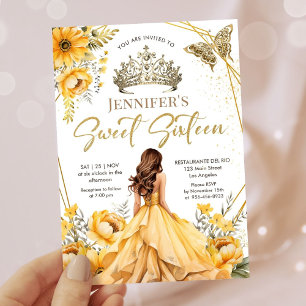 Invitation Yellow Gold Girl Princess Tiara Floral Sweet 16