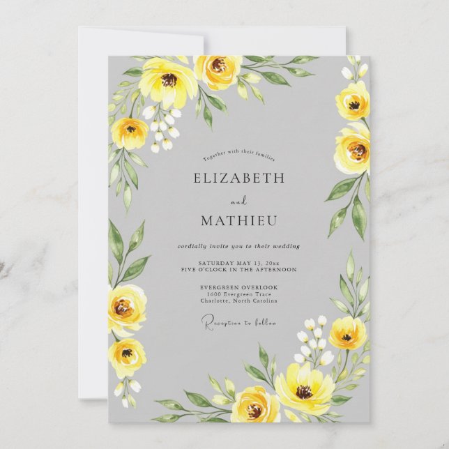 Invitation Yellow Gray Sophisticated Botanical Wedding (Devant)