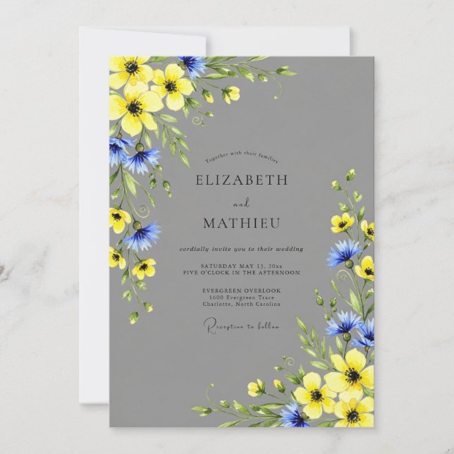 Invitation Yellow Gray Vibrant Meadow Wedding (Devant)