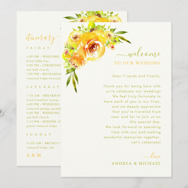 Invitation Yellow Green Wedding Welcome Letter Itinerary Card (Devant / Derrière)