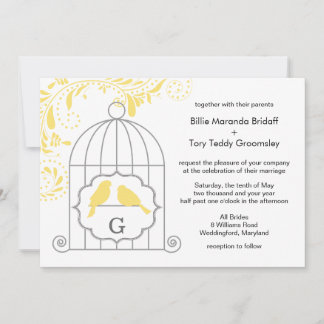 Invitation Yellow Grey Love Birdcage Mariage Monogramme