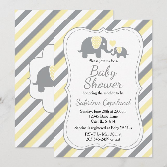 Invitation Yellow & Grey Stripes Elephant | BABY SHOWER (Devant / Derrière)