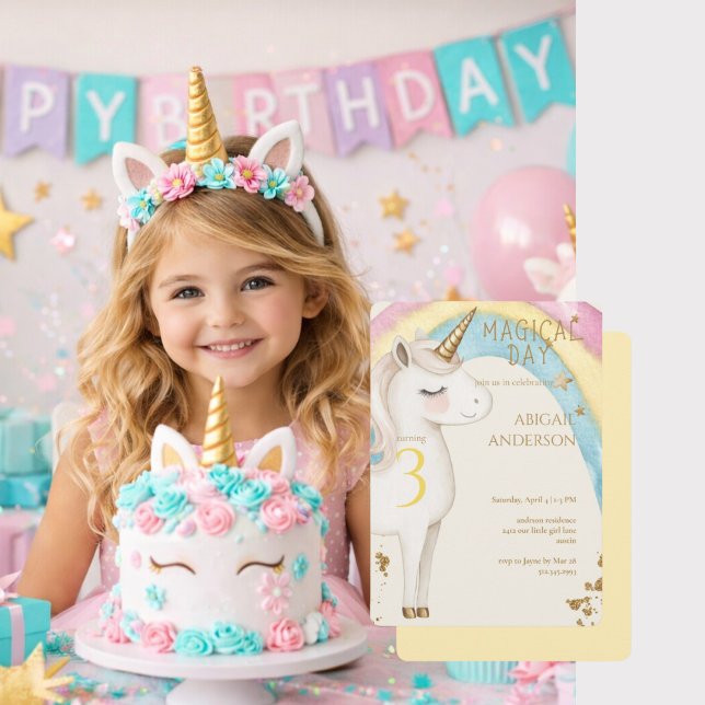 Invitation Yellow Magical Day Unicorn Girl Birthday Party (Créateur téléchargé)