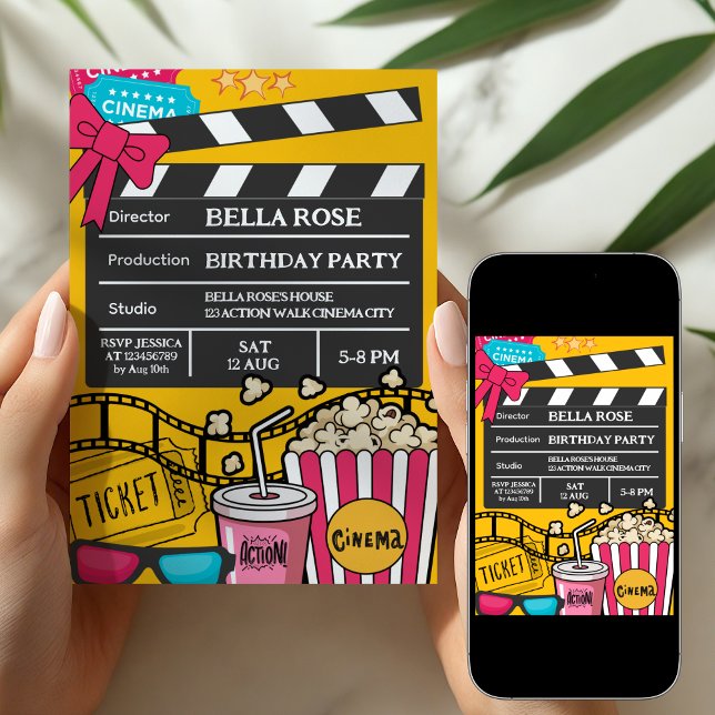 Invitation Yellow Movie Night Birthday Party For Girls (Créateur téléchargé)