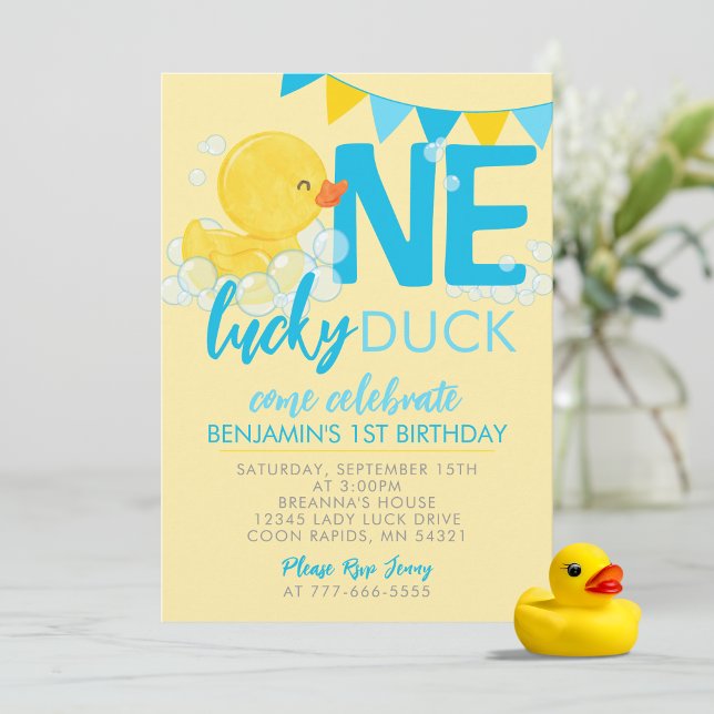 Invitation Yellow One Lucky Duck Aquarelle 1er Anniversaire (Yellow One Lucky Ducky Watercolor 1st Birthday Invitations. Available printed or digital download)