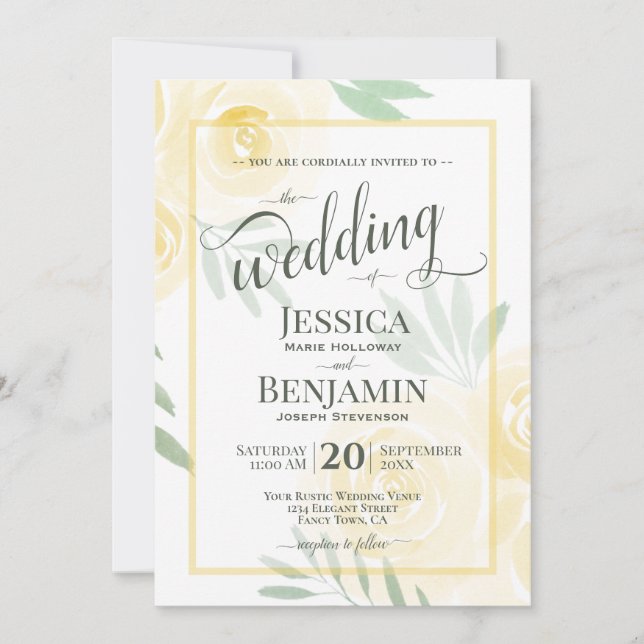 Invitation Yellow or Gold Boho Roses Stylish Script Wedding (Devant)