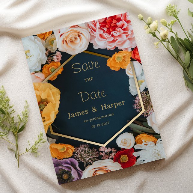 Invitation Yellow pink navy blue gold floral Save the Date (Yellow pink navy blue gold floral Save the Date )