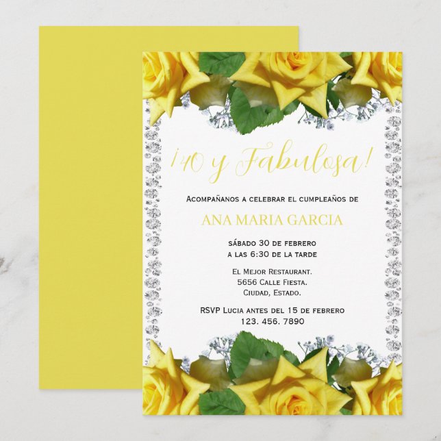 Invitation Yellow Roses & Diamonds 40th Birthday Spanish (Devant / Derrière)