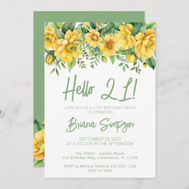 Invitation Yellow Sage Green Floral 21st Birthday Party (Devant / Derrière)