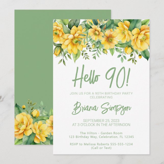 Invitation Yellow Sage Green Floral 90th Birthday Party (Devant / Derrière)