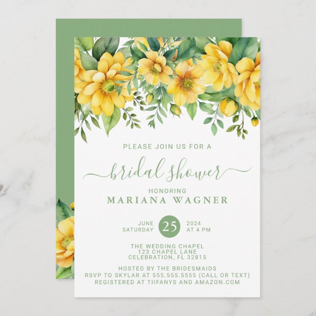 Invitation Yellow Sage Green Floral Bridal Shower (Devant / Derrière)
