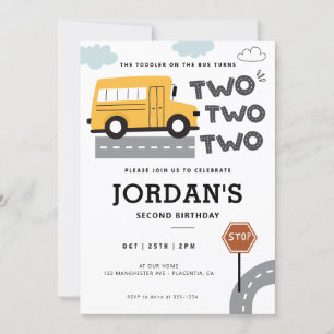Invitation Yellow School Bus 2e anniversaire Roues dans le bu