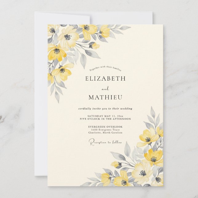 Invitation Yellow Silver Dainty Spring Wedding (Devant)