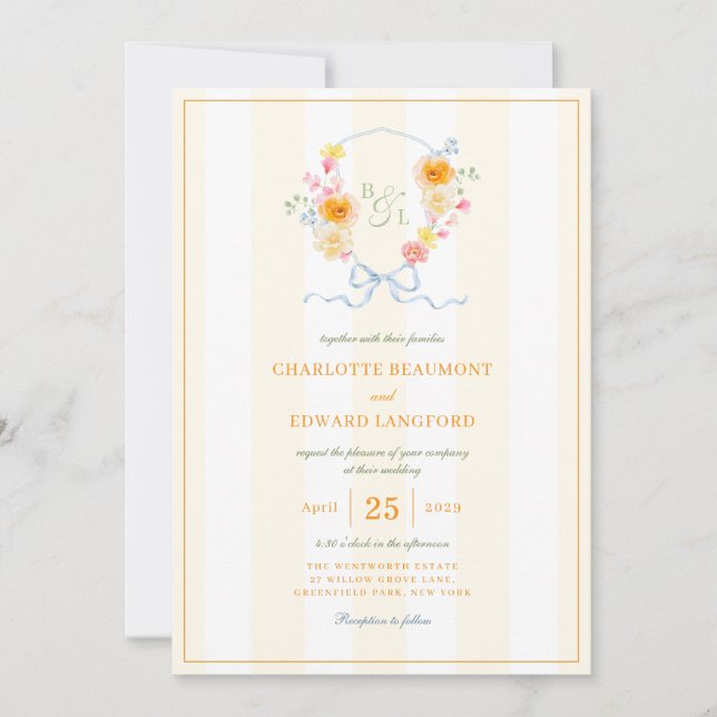 Invitation Yellow Stripe Floral Crest Spring Monogram Wedding (Devant)