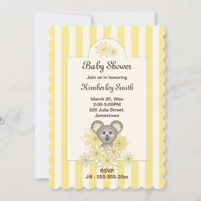 Invitation Yellow Stripe Koala Baby shower neutre pour les fe (Devant)