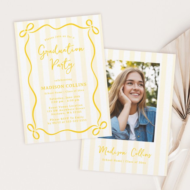 Invitation Yellow Stripes Bow Frame Graduation Party Photo (Créateur téléchargé)