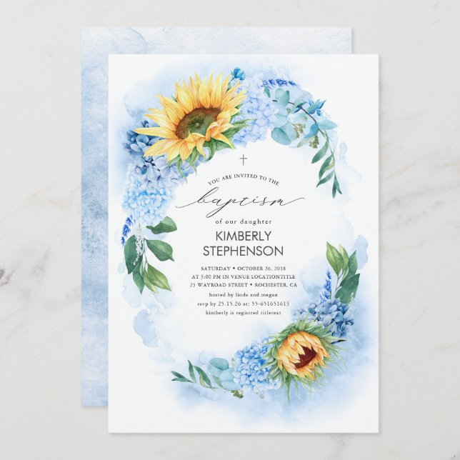 Invitation Yellow Sunflower and Dusty Blue Hydrangea Baptism (Devant / Derrière)