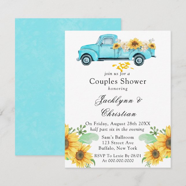 Invitation Yellow Sunflower Aqua Camion Vintage Couples Douch (Devant / Derrière)