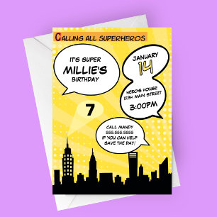 Invitation Yellow Superheros Comédie Livre Styled Anniversair