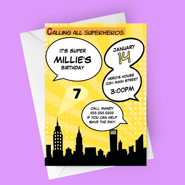 Invitation Yellow Superheros Comédie Livre Styled Anniversair (Yellow Comic Book Superheros Birthday Party Invitation)