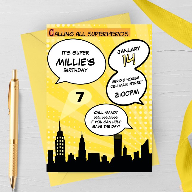 Invitation Yellow Superheros Comédie Livre Styled Anniversair (Créateur téléchargé)