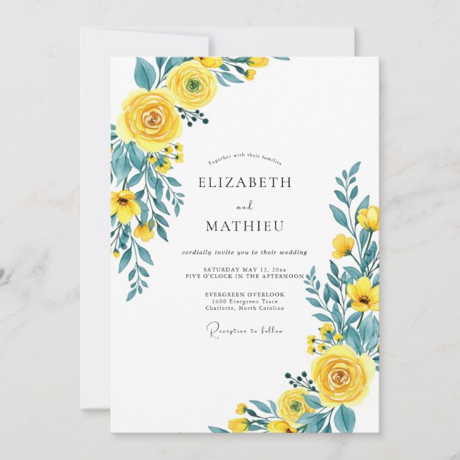 Invitation Yellow Teal Flourishing Spring Wedding (Devant)