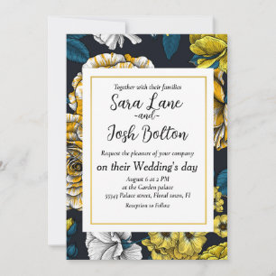 Invitation Yellow, white and bi-color roses with blue leaves