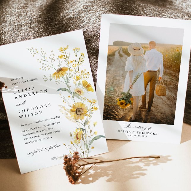 Invitation Yellow Wildflower Sunflower Photo Wedding (Yellow sunflower wildflower photo wedding invitation watercolor floral rustic garden wedding)