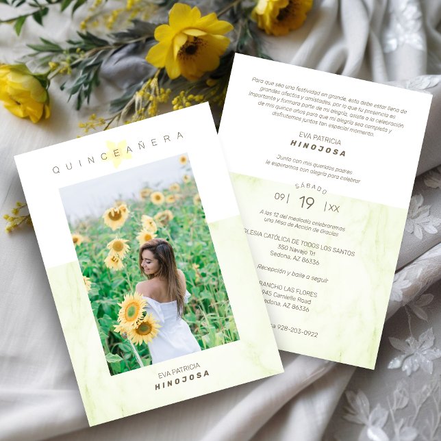 Invitation Yelow Marble Effect Romantic Photo Quinceañerank (Spanish Yellow Marble Effect Romantic Photo Quinceañera Invitation Card.)
