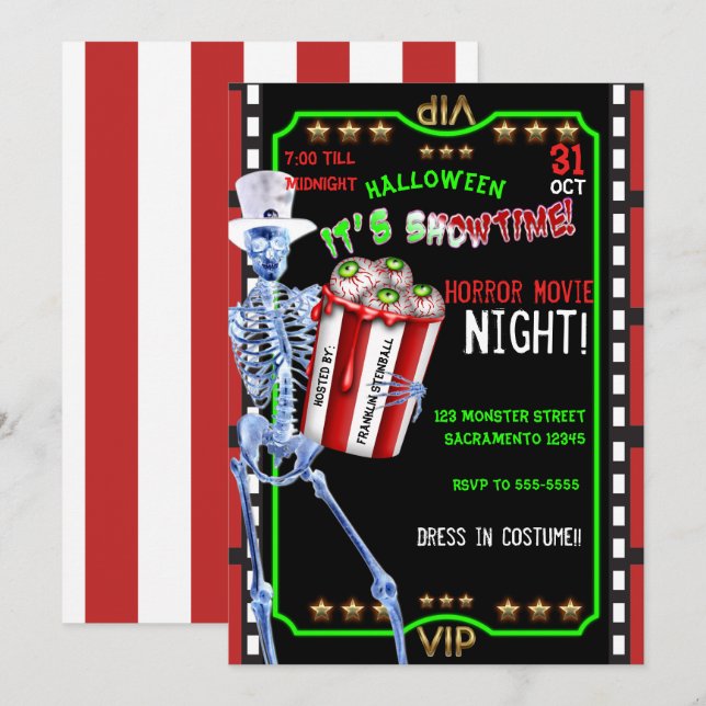 Invitation Yeux de Popcorn de Squelette Soirée Cinéma Hallowe (Devant / Derrière)
