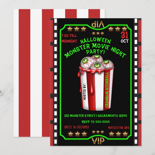 Invitation Yeux de Popcorn Halloween Soirée d'Epouvante Ciném (Devant / Derrière)