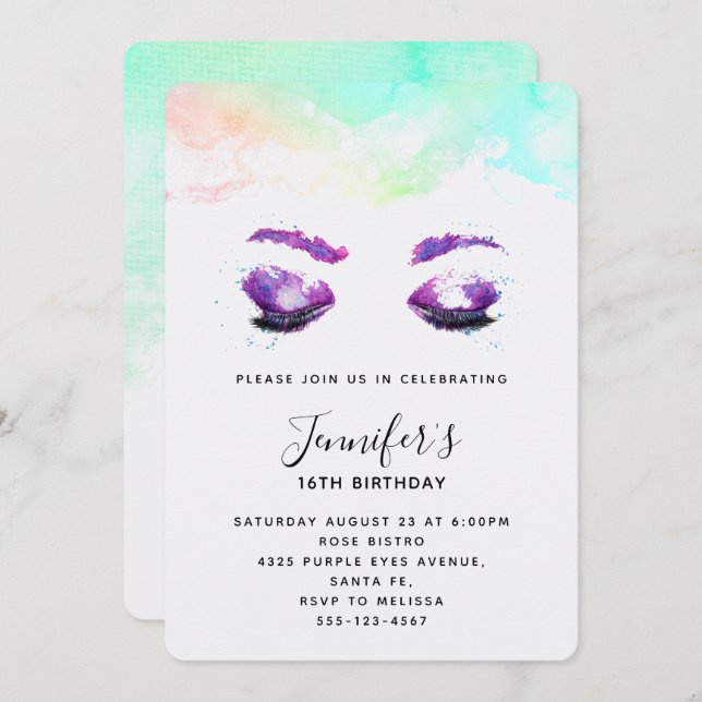 Invitation Yeux Violets Glamour & Sourcils Aquarelle Annivers (Devant / Derrière)