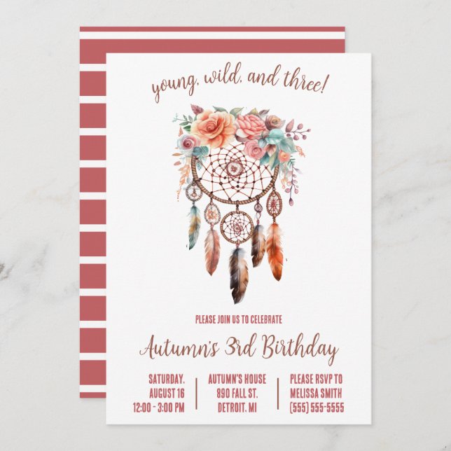 Invitation Young, Wild, & 3 ! Boho Dreamcatcher fête d'annive (Devant / Derrière)
