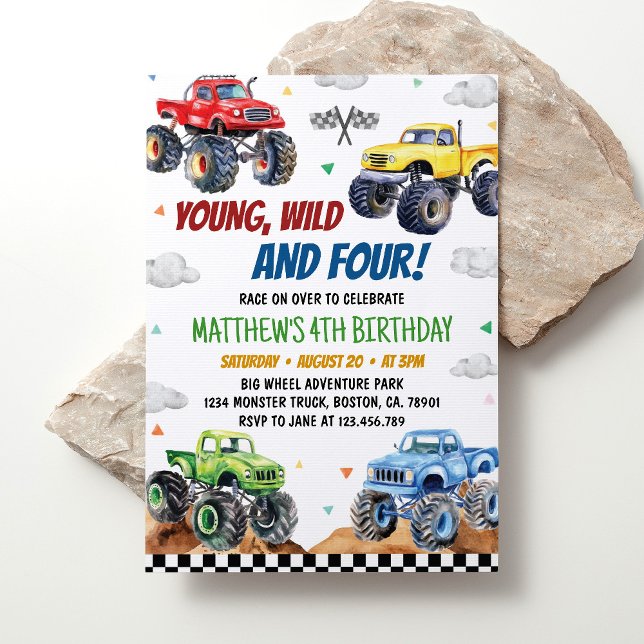 Invitation Young Wild 4th Monster Truck Anniversaire de enfan (Créateur téléchargé)