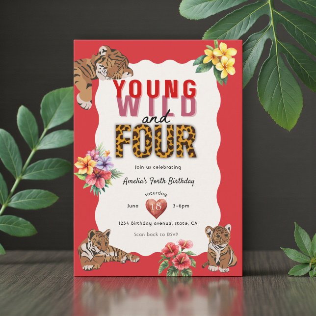 Invitation Young Wild and Four Tiger Floral Birthday (Créateur téléchargé)