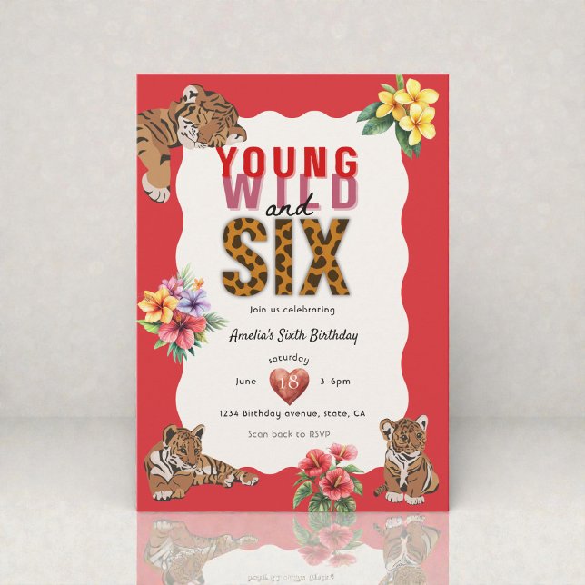 Invitation Young Wild and Six Tiger Floral Birthday (Créateur téléchargé)