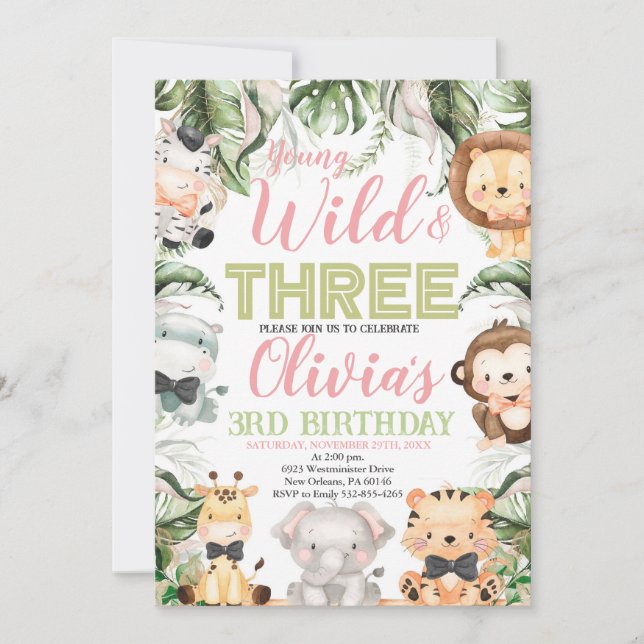 Invitation Young Wild and Three, 3e Anniversaire Animaux de l (Devant)