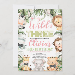 Invitation Young Wild and Three, 3e Anniversaire Animaux de l