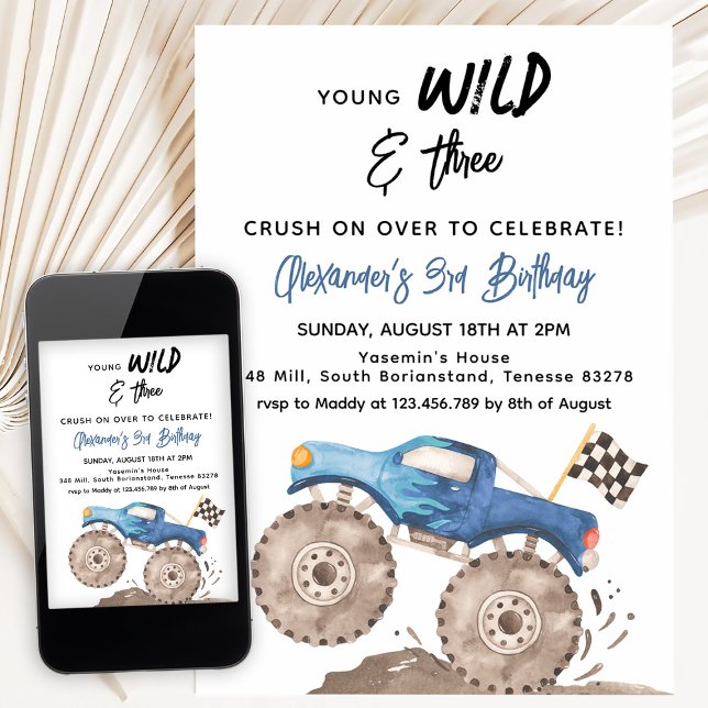 Invitation Young Wild and Three Birthday Blue Monster Truck (Créateur téléchargé)