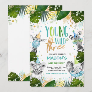 Invitation Young Wild And Three Birthday Safari Animals Party