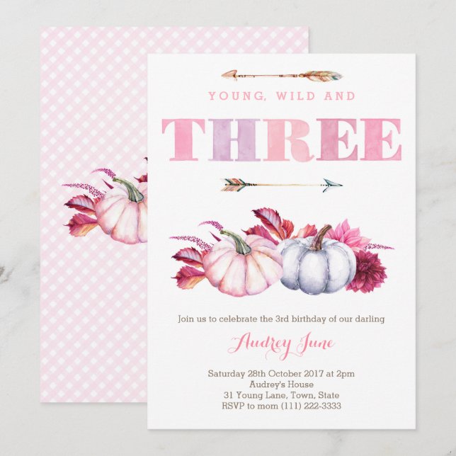 Invitation Young Wild and Three, boho 3e fête d'anniversaire (Devant / Derrière)