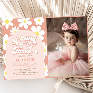 Invitation Young Wild And Three Boho Daisy 3e anniversaire Ph