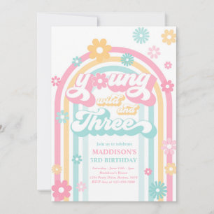 Invitation Young Wild And Three Boho Daisy Rainbow Birthday