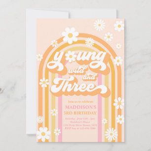 Invitation Young Wild And Three Boho Daisy Rainbow Birthday