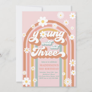 Invitation Young Wild And Three Boho Daisy Rainbow Birthday