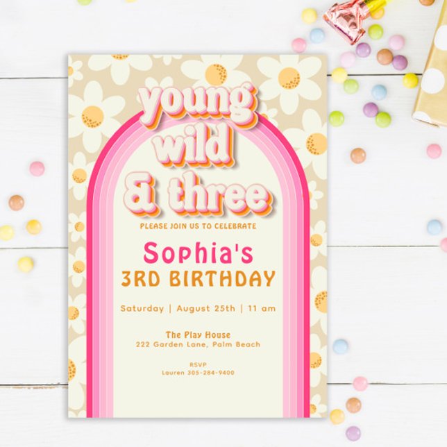 Invitation Young Wild and Three Boho Daisy Rainbow Birthday I (Créateur téléchargé)