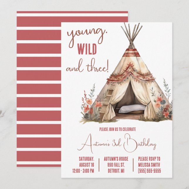 Invitation Young, Wild, and Three ! Boho TeePee fête d'annive (Devant / Derrière)