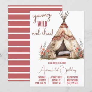 Invitation Young, Wild, and Three ! Boho TeePee fête d'annive
