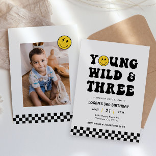 Invitation Young Wild and Three Boy 3e Birthday Photo